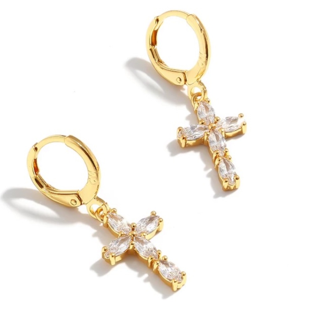 💛18K gold cross diamonds earrings